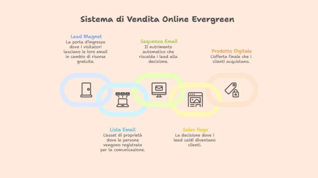 I 5 pezzi del sistema di vendita online: lead magnet lista email sequenza sales page prodotto