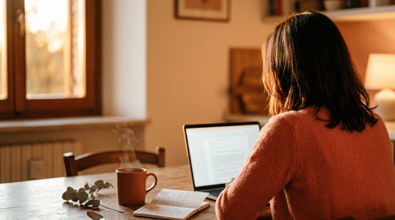 Donna al tavolo di cucina la sera che lavora al laptop, sistema di vendita online evergreen