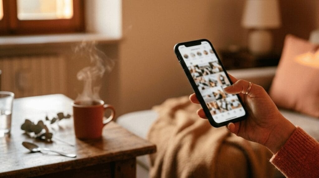 Mano che scorre lo schermo del telefono in ambiente serale, posti ma non vendi