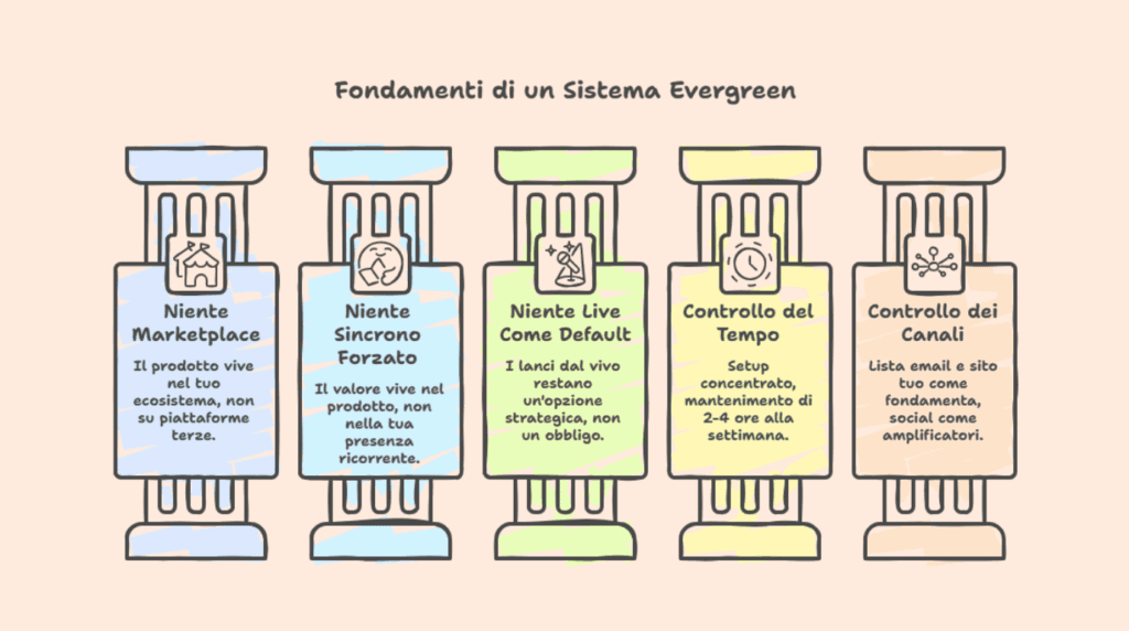 Confronto strutturato lanci live vs sistema evergreen su 9 dimensioni