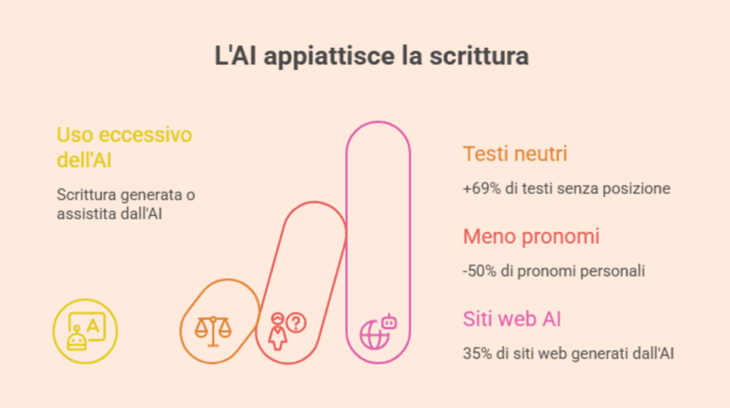 Infografica con i dati sull'appiattimento della scrittura causato dall'uso intensivo dell'AI