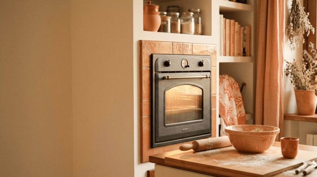 Cucina con forno acceso ma senza nessuno, metafora dell’AI come motore (il forno) e non come autrice (la torta).