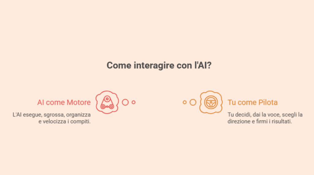 Infografica con la metafora dell'AI come motore e della persona come pilota che tiene il volante