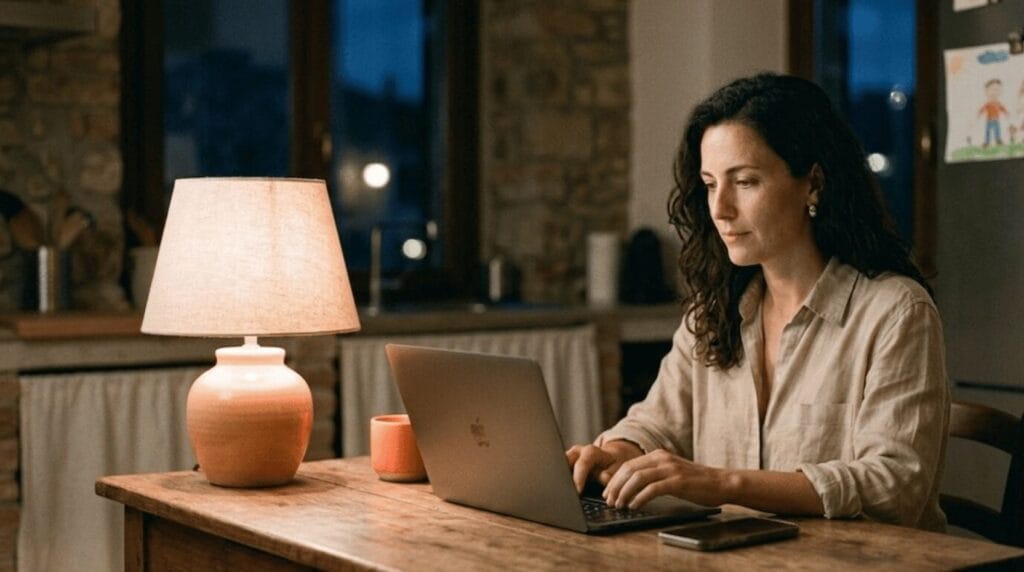 Donna che dedica il blocco serale al suo business online dopo il lavoro full time, a casa