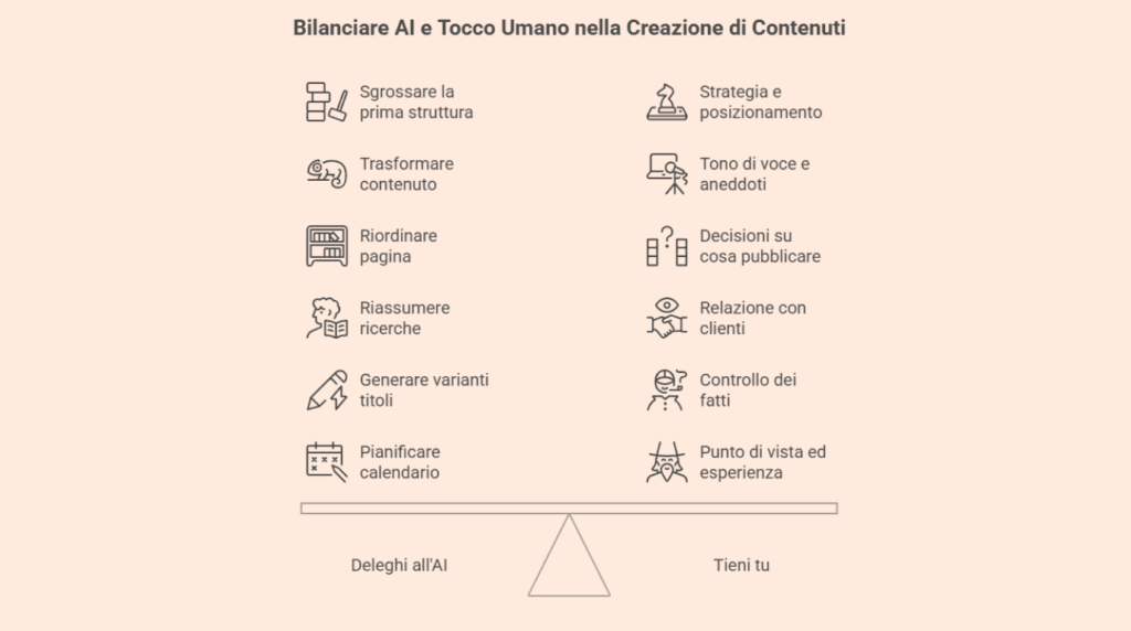 Infografica che mostra cosa delegare all'AI (la forma) e cosa tenere per sé (la sostanza) nel business online