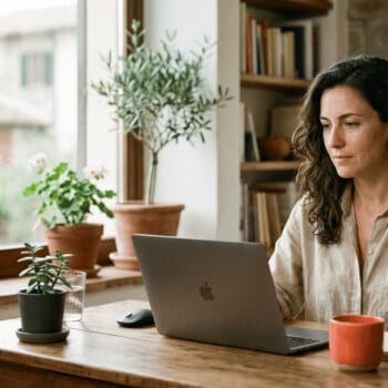 Donna che lavora al proprio business online in pausa pranzo, con laptop e tazza, mentre ha un lavoro full time