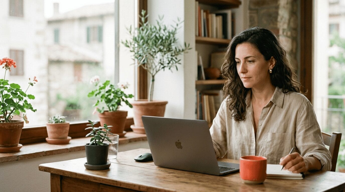 Donna che lavora al proprio business online in pausa pranzo, con laptop e tazza, mentre ha un lavoro full time