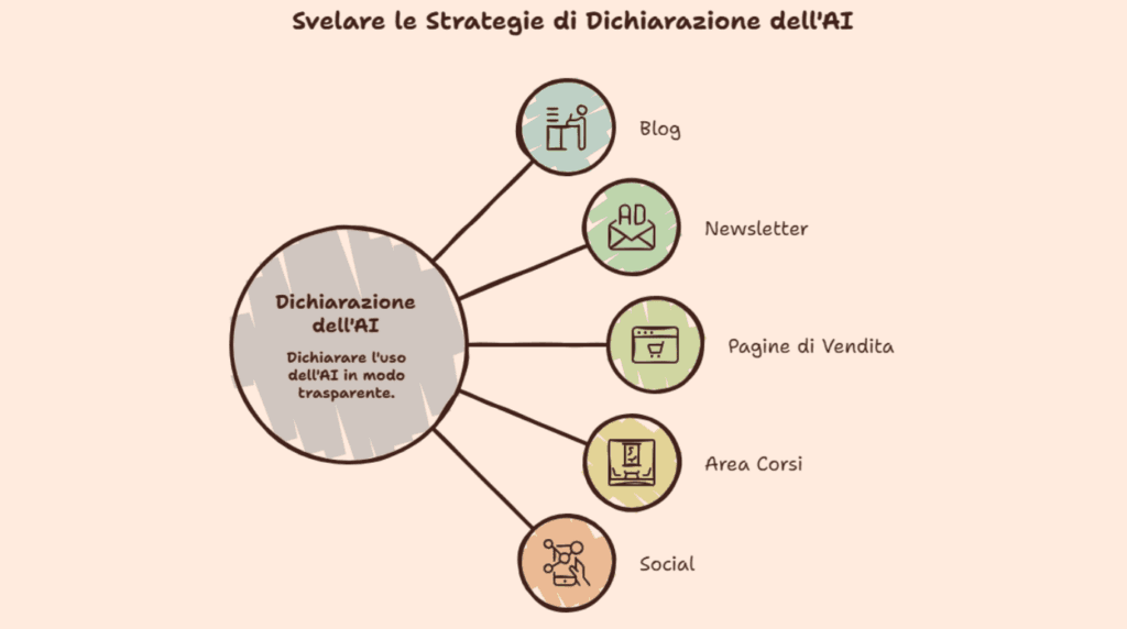 Schema su come dichiarare l’uso dell’AI nei diversi canali: blog, newsletter, pagine di vendita, area corsi, social.