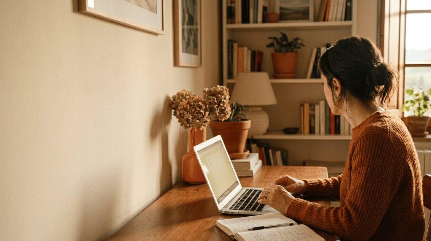 Donna al lavoro alla scrivania di casa che rivede i suoi appunti, simbolo di chi usa l’intelligenza artificiale ma resta l’autrice.