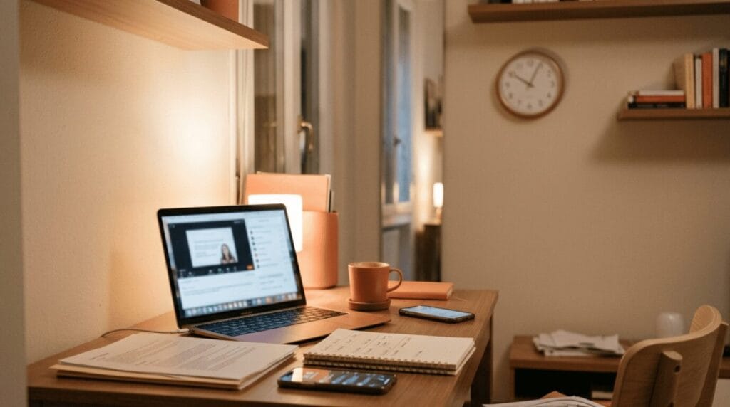 Scrivania con materiali di un lancio live di corso online classico nel 2020