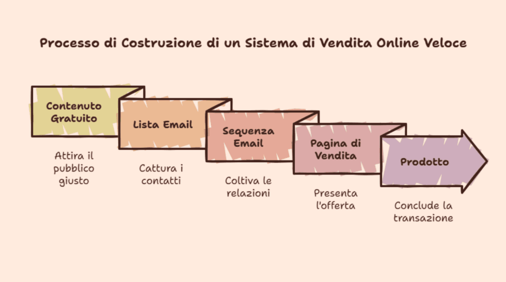 Infografica con l'ordine dei cinque pezzi di un sistema di vendita online evergreen