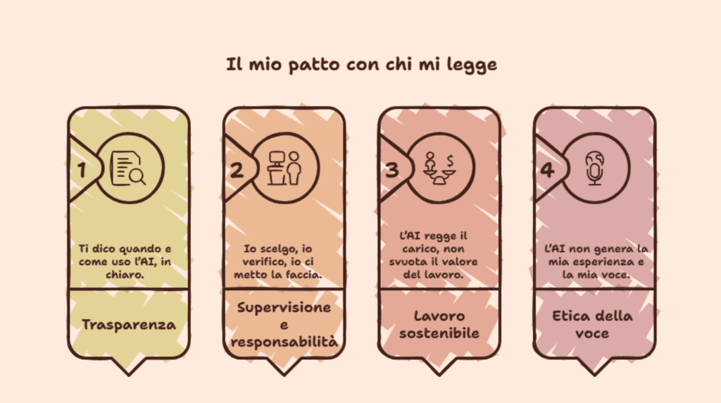 I quattro principi del patto sull’uso dell’intelligenza artificiale: trasparenza, responsabilità, lavoro sostenibile, etica della voce.