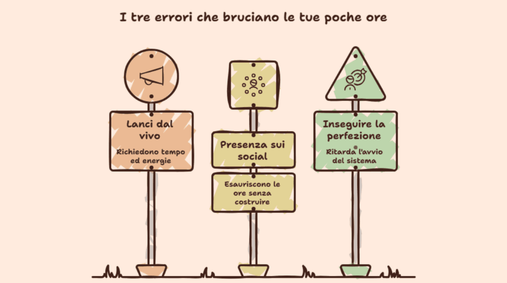 Infografica con i tre errori da evitare in un business online quando si lavora full time