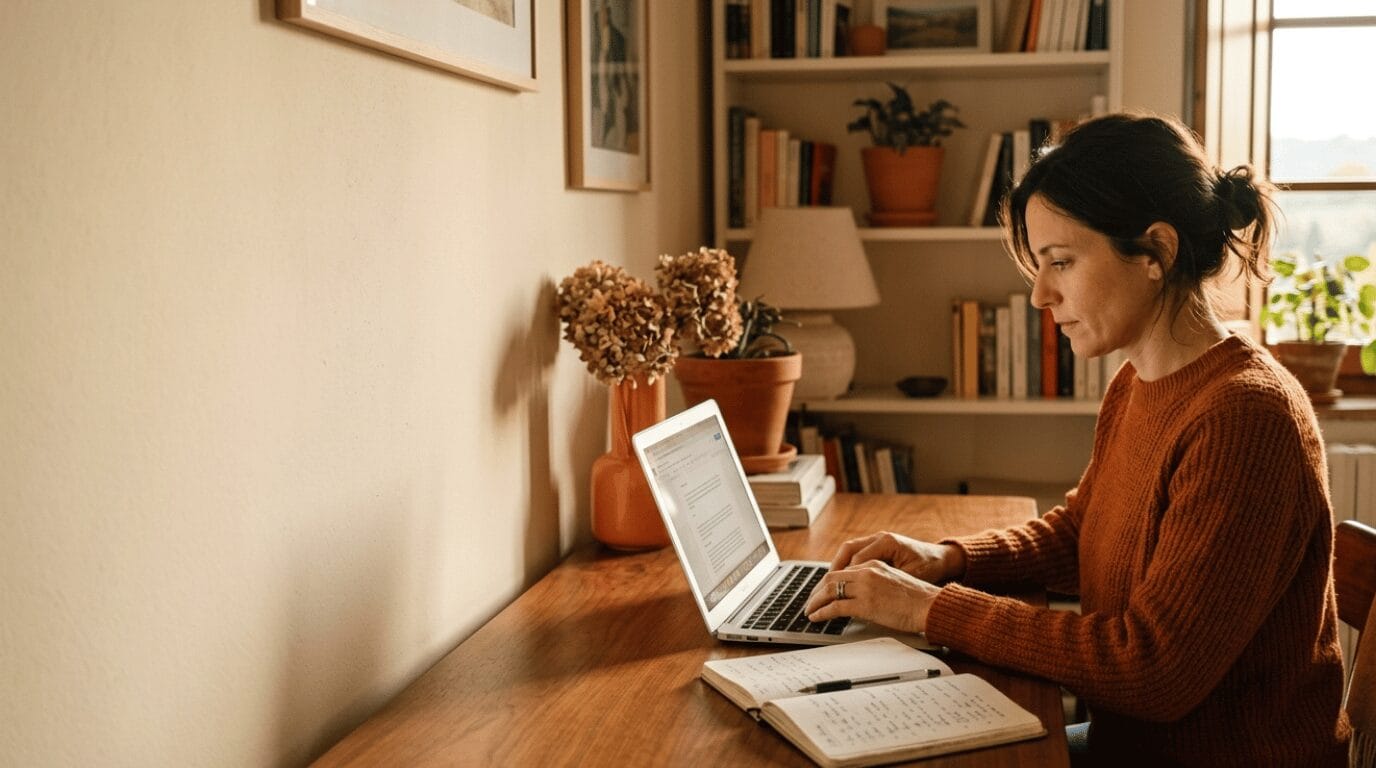 Donna che usa l'intelligenza artificiale per il business online, con laptop e appunti scritti a mano, mantenendo il controllo del lavoro
