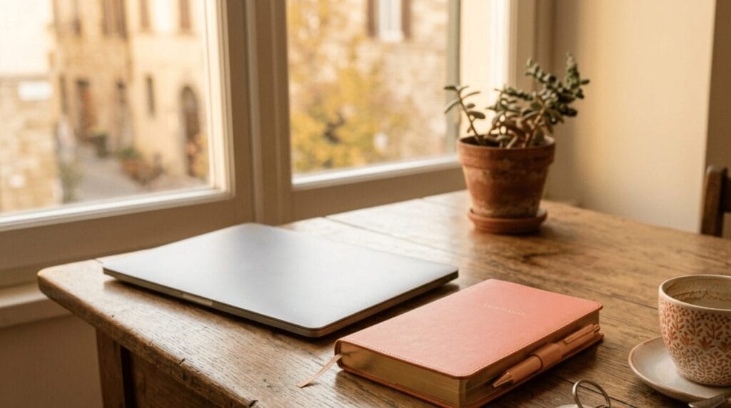 Scrivania ordinata con planner e laptop chiuso, il calendario pianificato che va avanti da solo