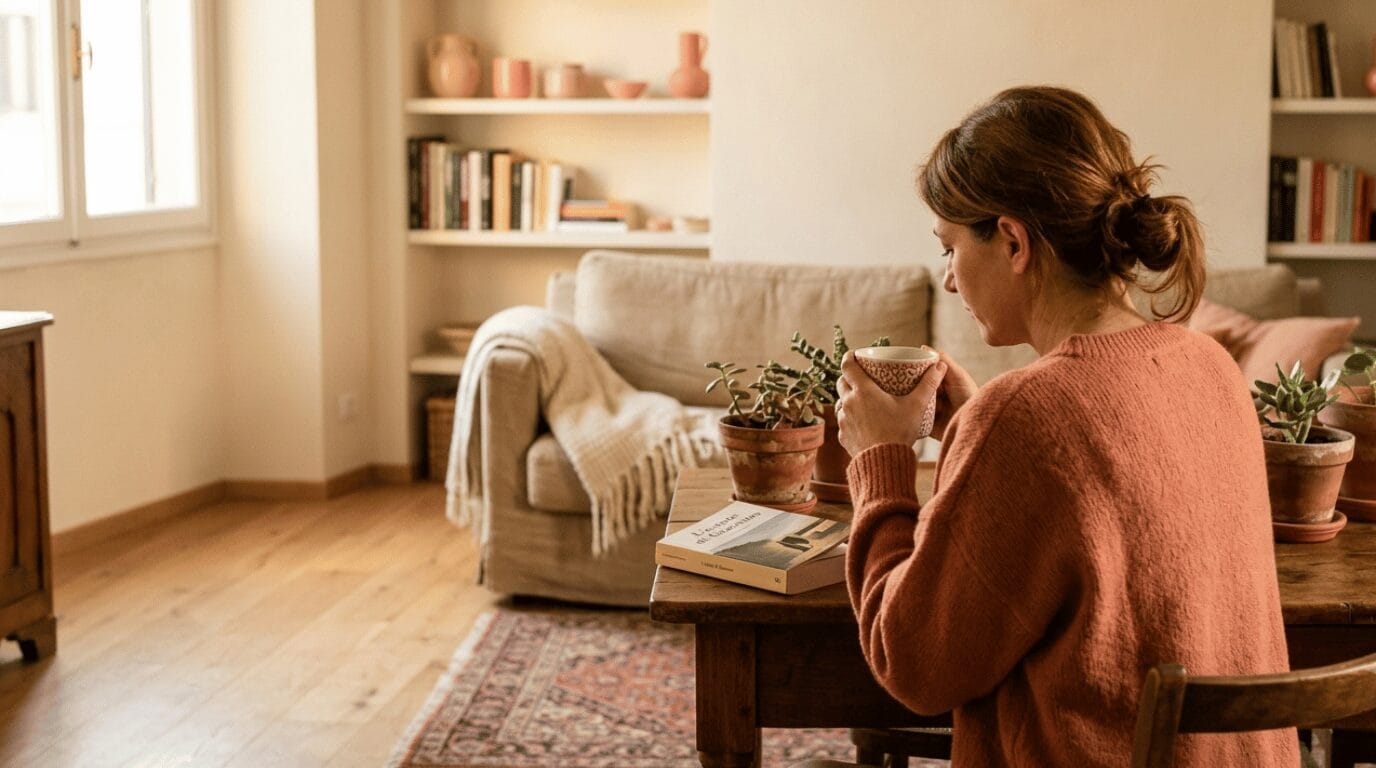 Come creare il calendario editoriale con l'AI: donna pianifica il mese al tavolo con calendario e laptop