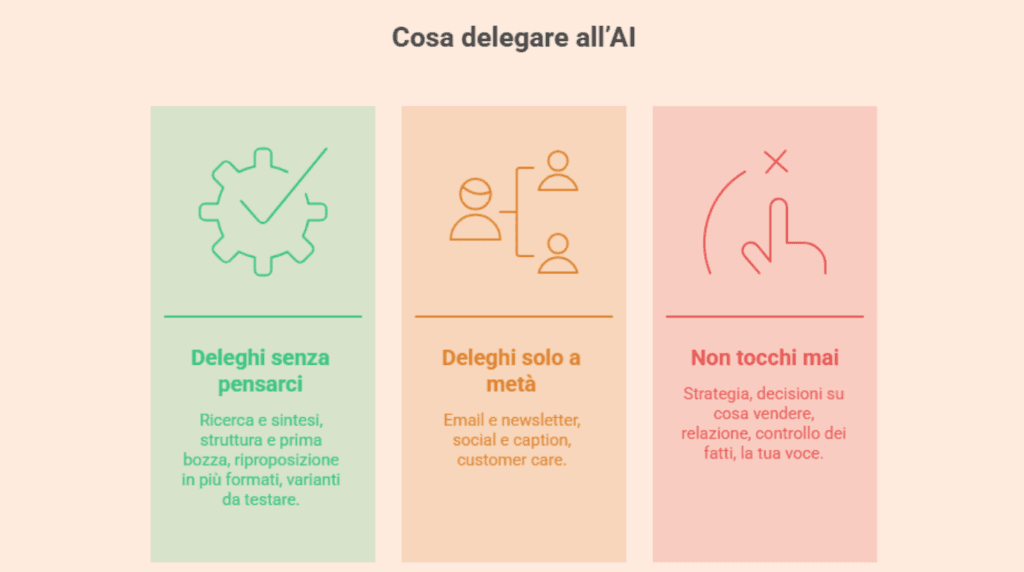 Infografica con le tre liste dei task: cosa delegare all’AI, cosa con cautela e cosa mai