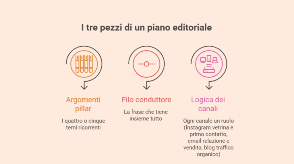 I tre pezzi di un piano editoriale: argomenti pillar, filo conduttore, logica dei canali
