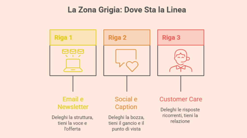 Infografica che mostra per email, social e customer care quale metà delegare all’AI e quale tenere