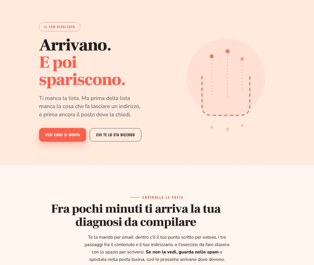 Una delle cinque pagine di esito del test: il risultato in alto e sotto la riga che dice di controllare la posta e di spostare la mail fuori dallo spam