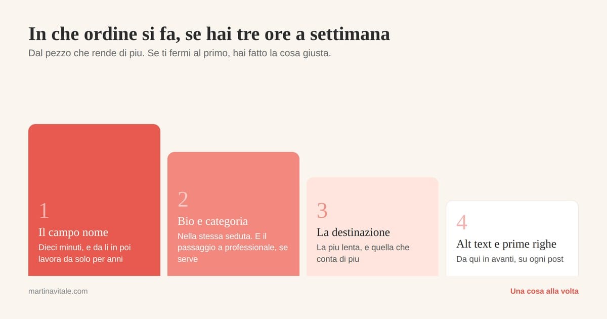 Le quattro mosse in ordine di resa: prima il campo nome, poi bio e categoria, poi la destinazione del link, infine le prime righe e l'alt text