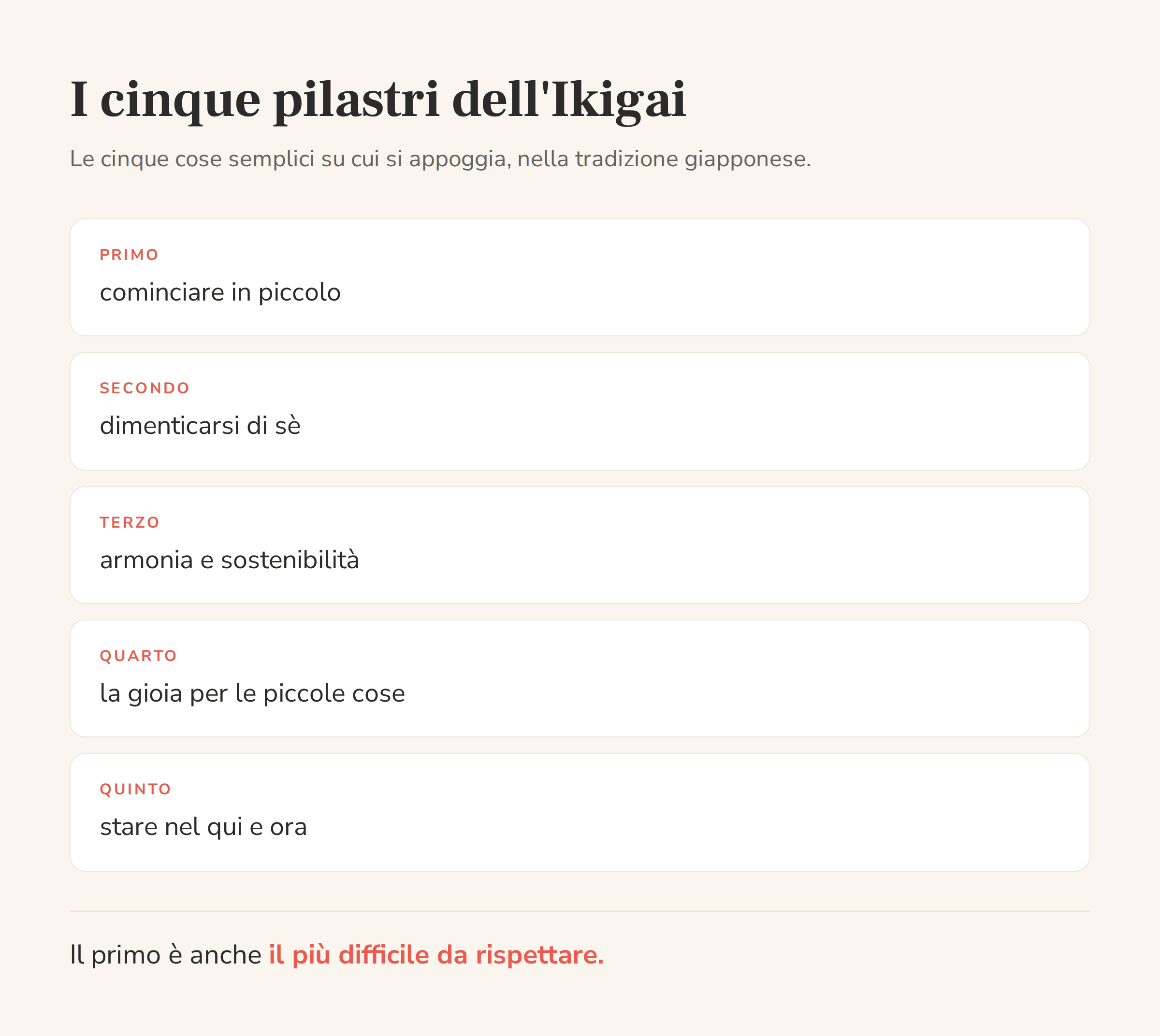 I cinque pilastri dell'Ikigai nella tradizione giapponese, elencati uno per uno
