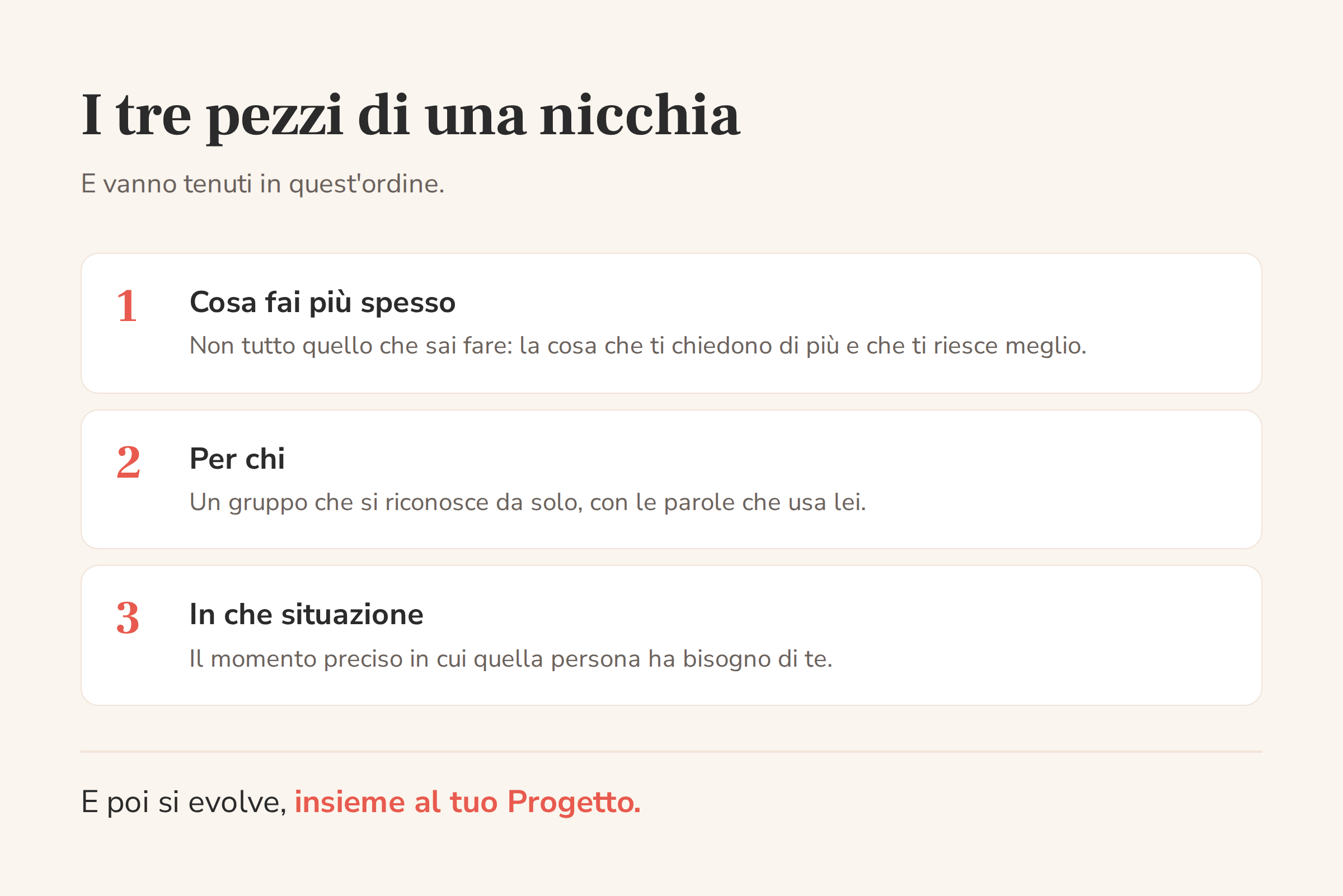 Il modello dei tre pezzi che compongono una nicchia: cosa fai, per chi, in che situazione