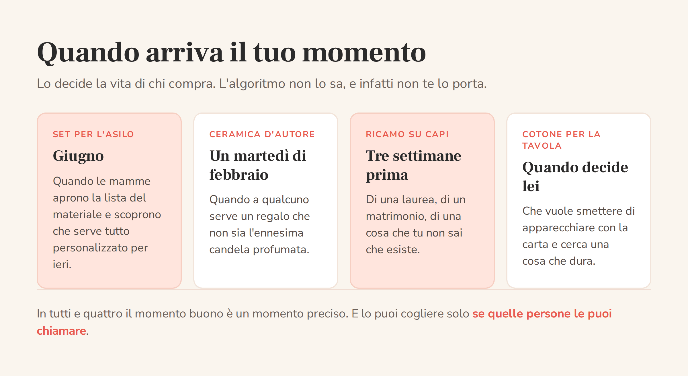 Quattro mestieri artigiani e il momento dell'anno in cui arrivano i loro clienti: set per l'asilo a giugno, ceramica d'autore a febbraio, ricamo su capi tre settimane prima di una festa, cotone per la tavola quando la cliente decide