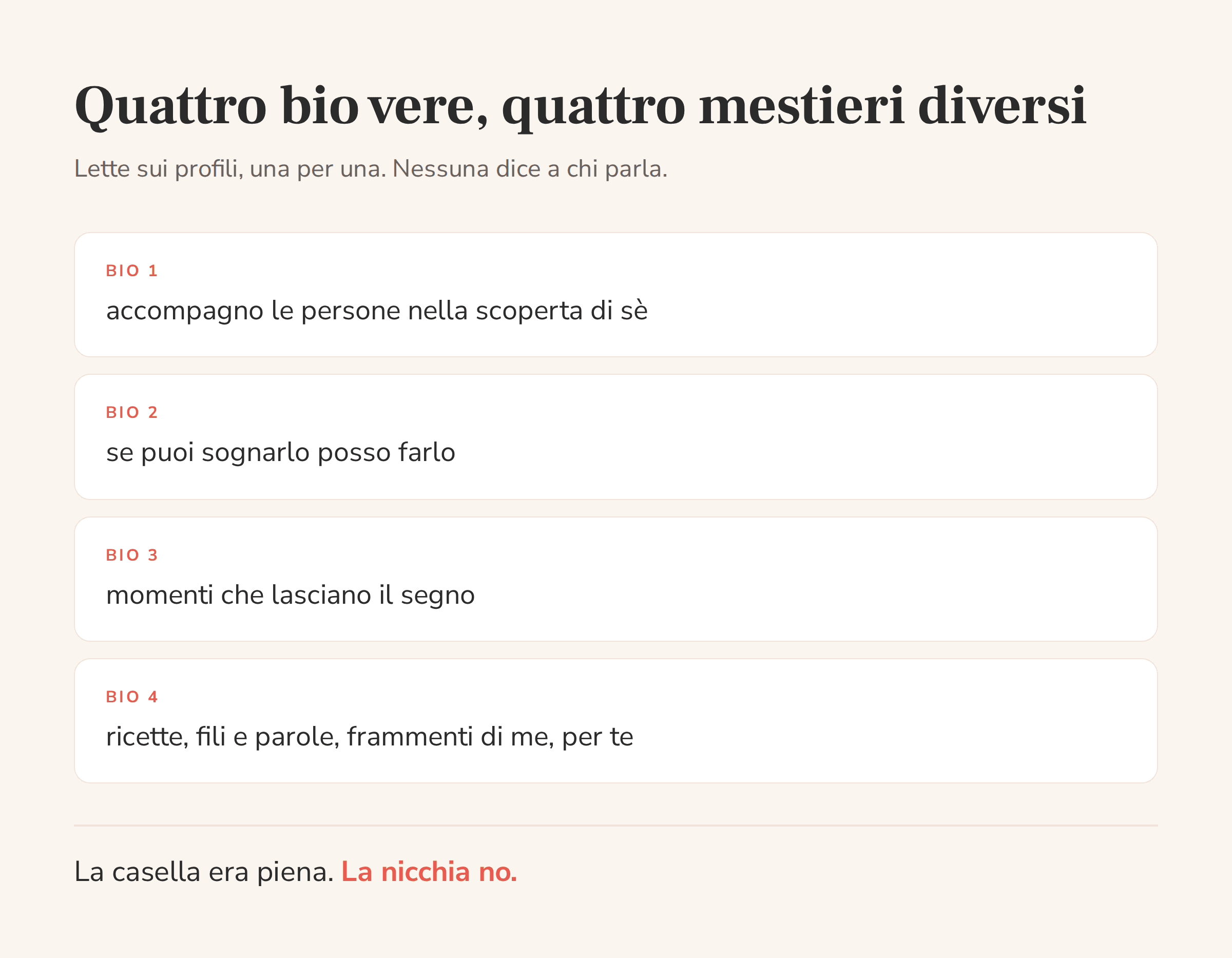 Quattro bio Instagram vere di professioniste diverse, nessuna delle quali dice a chi si rivolge