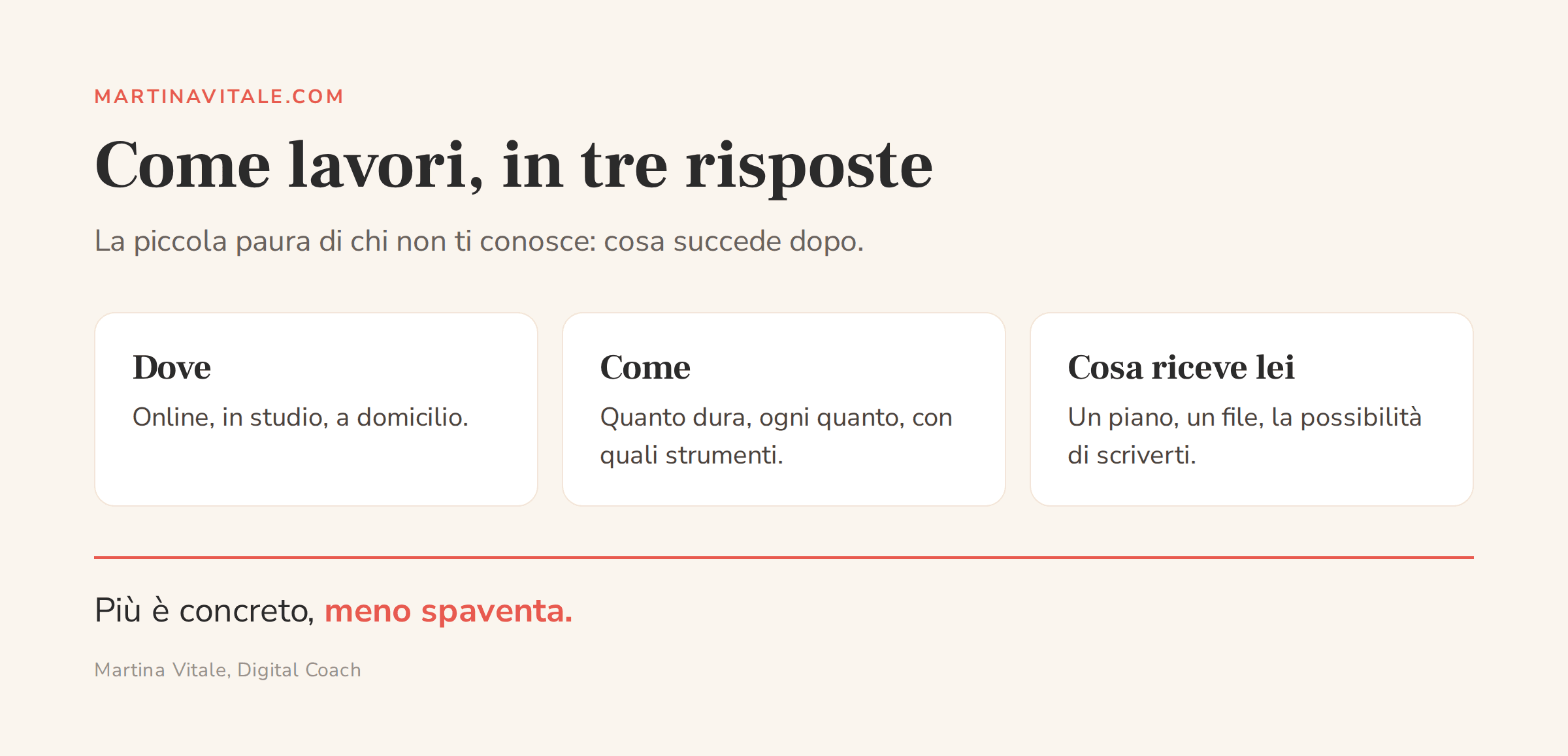 Tre informazioni su come lavori da mettere nella pagina Chi Sono: dove, come, cosa riceve la cliente