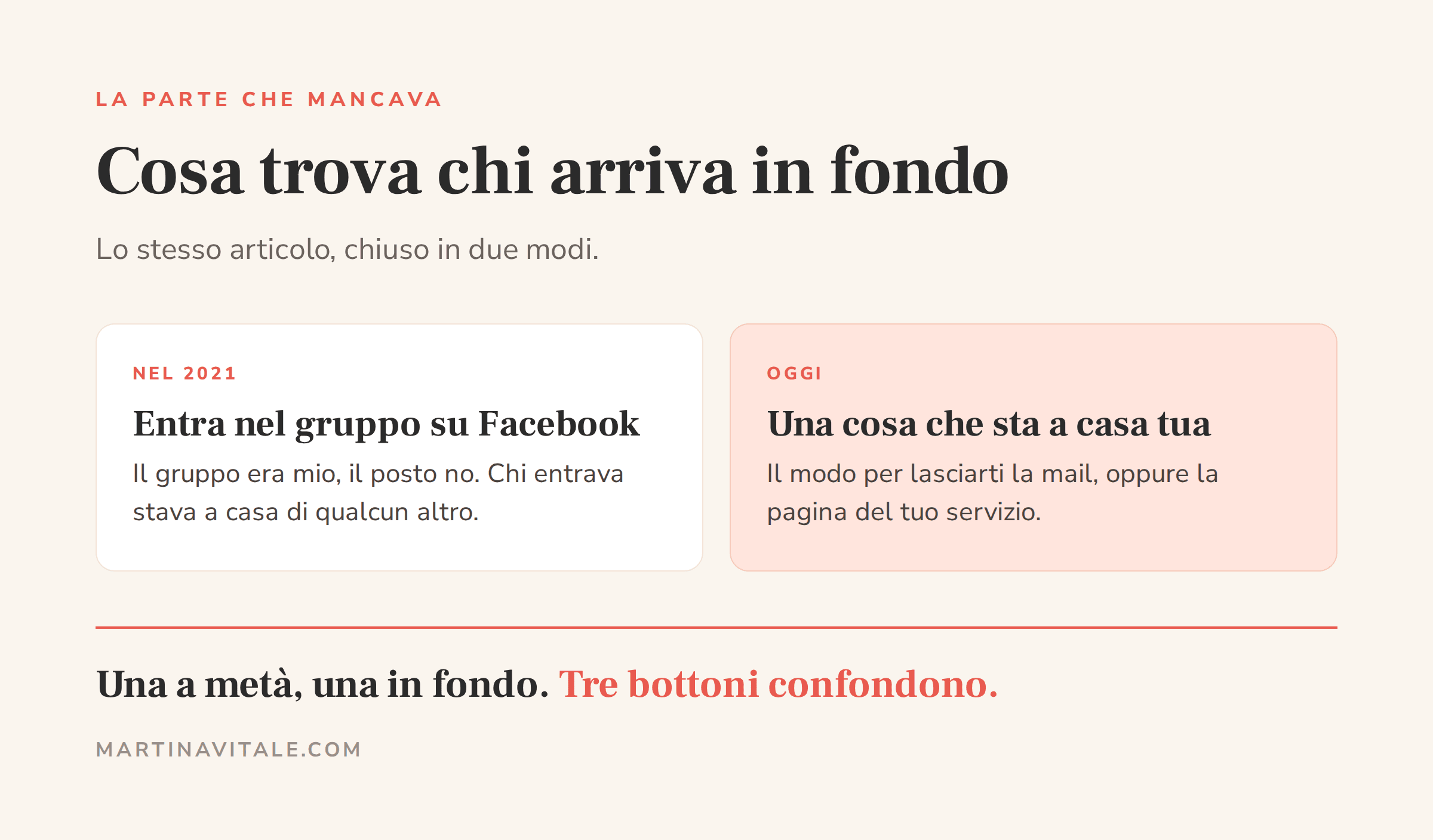 Confronto fra la chiusura di un articolo del 2021, che mandava in un gruppo su Facebook, e quella di oggi, che porta a una cosa che sta a casa tua