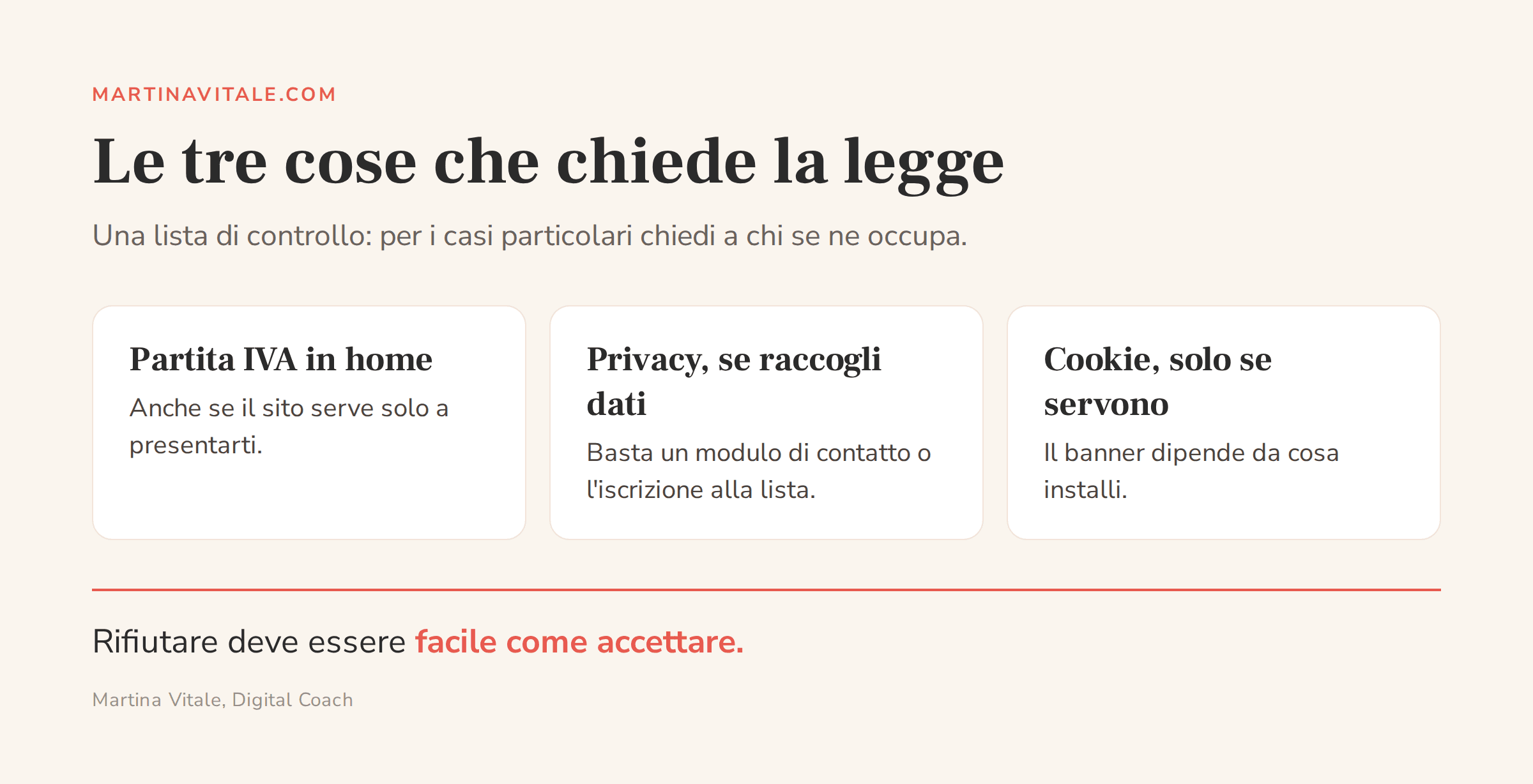 Tre obblighi di legge per il sito di una libera professionista in Italia: partita IVA, privacy, cookie