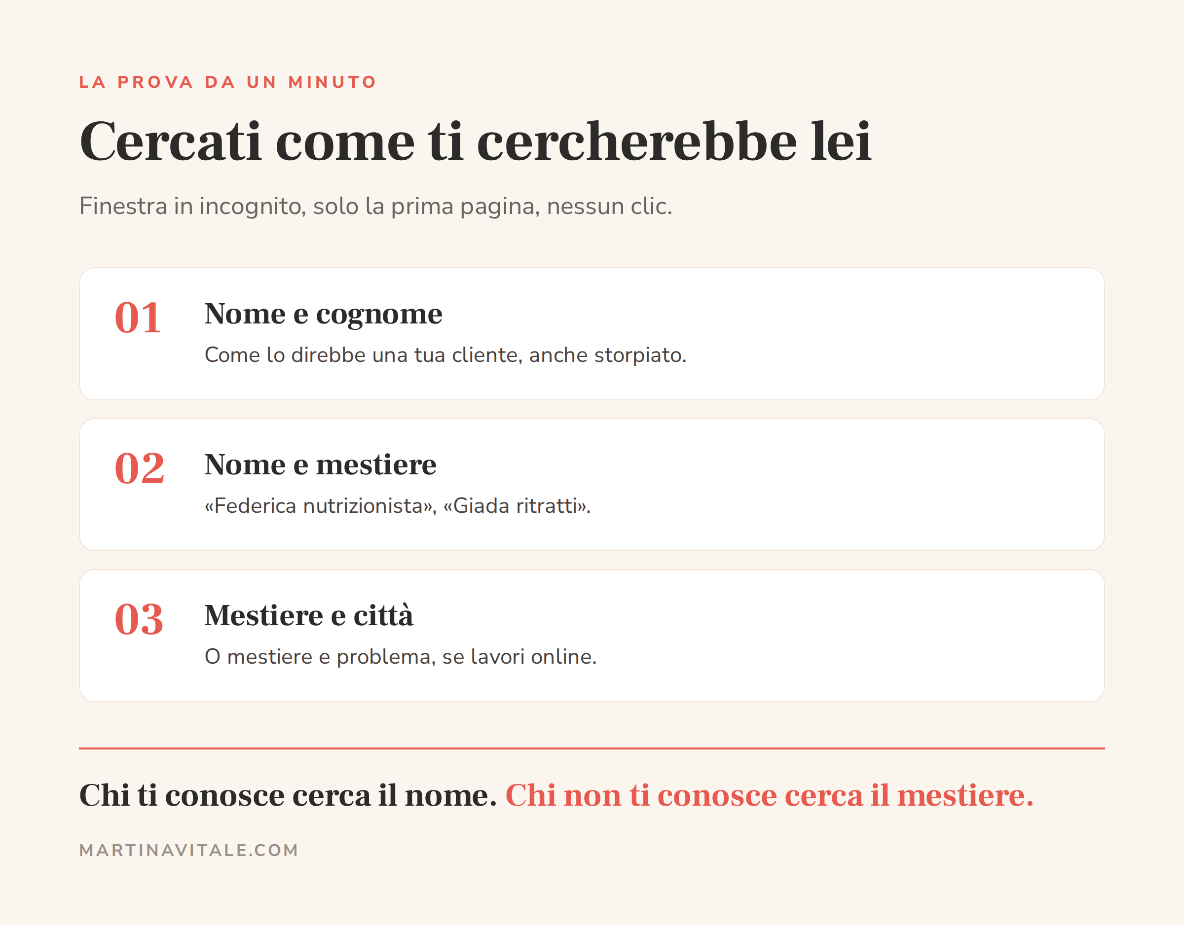 Le tre ricerche da fare su Google in una finestra in incognito: nome e cognome, nome e mestiere, mestiere e città