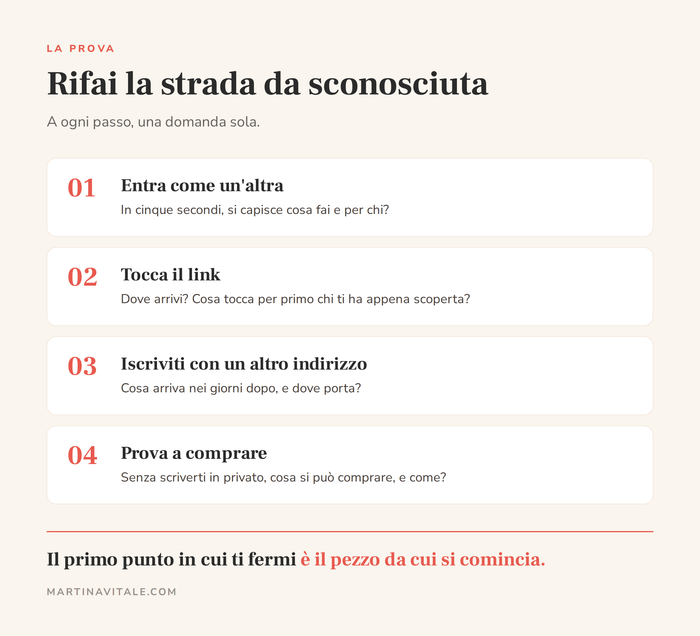 La prova da fare in mezz'ora: entrare nel profilo da un account che non ti segue, toccare il link, iscriversi con un altro indirizzo, provare a comprare, e segnare il primo punto in cui ti fermi