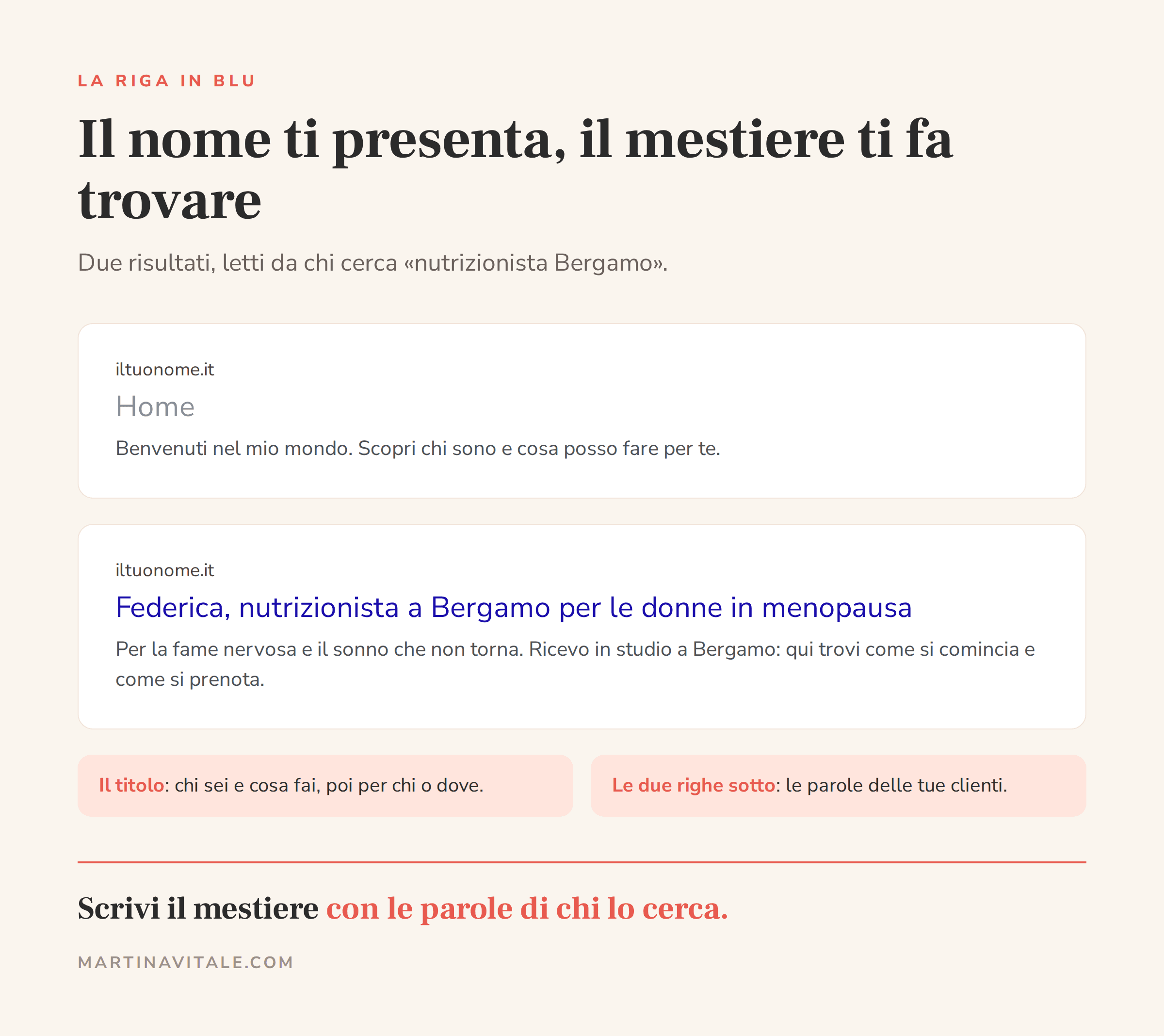 Farsi trovare su Google col mestiere: due risultati a confronto, uno col titolo Home che non dice niente, uno col nome, il mestiere, la città e per chi lavora